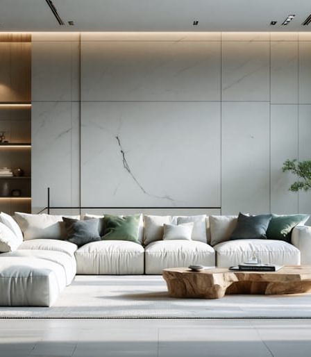 A serene modern living room with minimalist design, featuring uncluttered surfaces, minimalist furniture, and a few carefully chosen decorative elements to convey calmness and elegance.