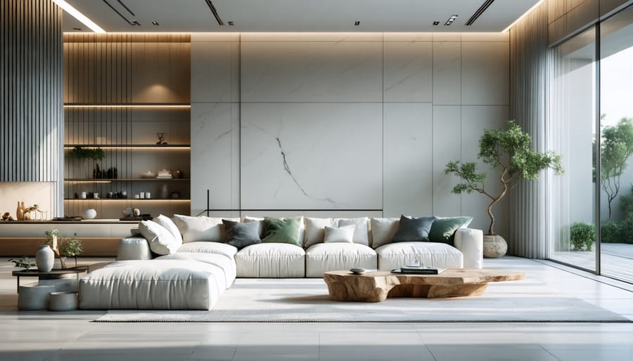 A serene modern living room with minimalist design, featuring uncluttered surfaces, minimalist furniture, and a few carefully chosen decorative elements to convey calmness and elegance.