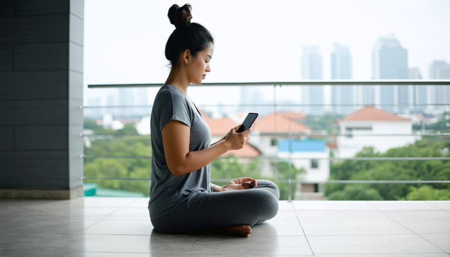 Modern woman practicing mindfulness during her busy day in an urban setting