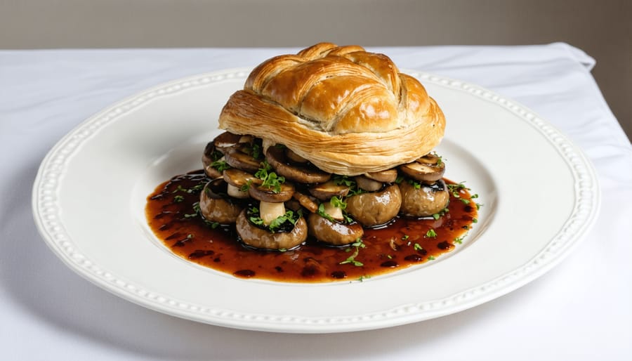 Sliced Mushroom Wellington showing layers of mushrooms and pastry with glossy red wine sauce