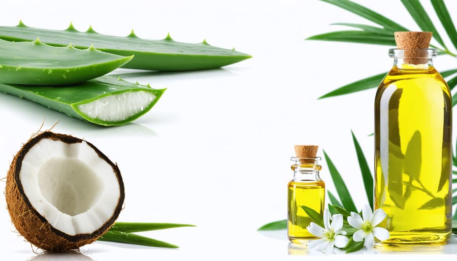 Flat lay of various natural and organic beauty ingredients in glass containers