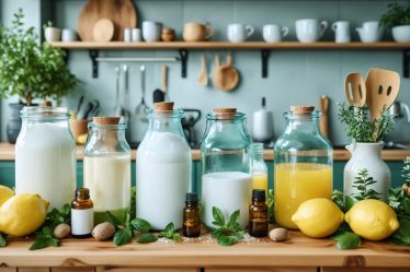 A cozy kitchen featuring natural cleaning agents and fresh produce, symbolizing a sustainable, chemical-free home environment.