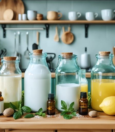 A cozy kitchen featuring natural cleaning agents and fresh produce, symbolizing a sustainable, chemical-free home environment.