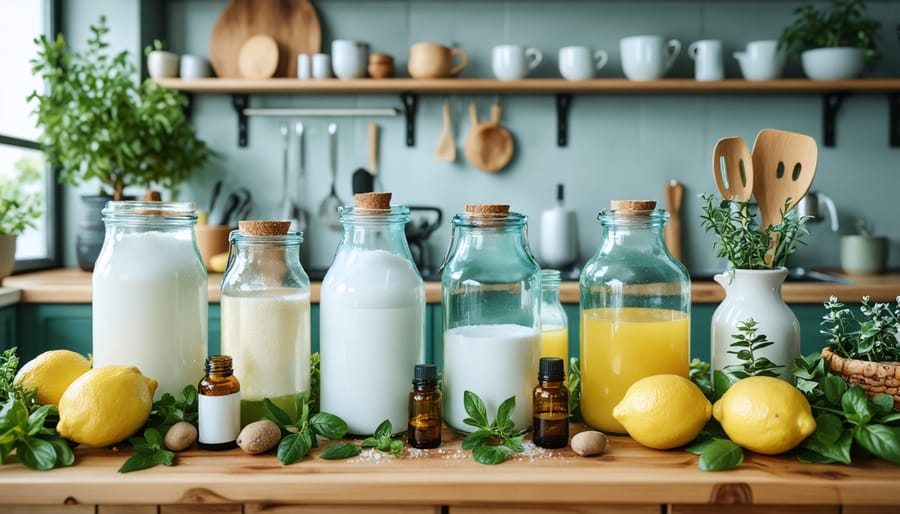 A cozy kitchen featuring natural cleaning agents and fresh produce, symbolizing a sustainable, chemical-free home environment.