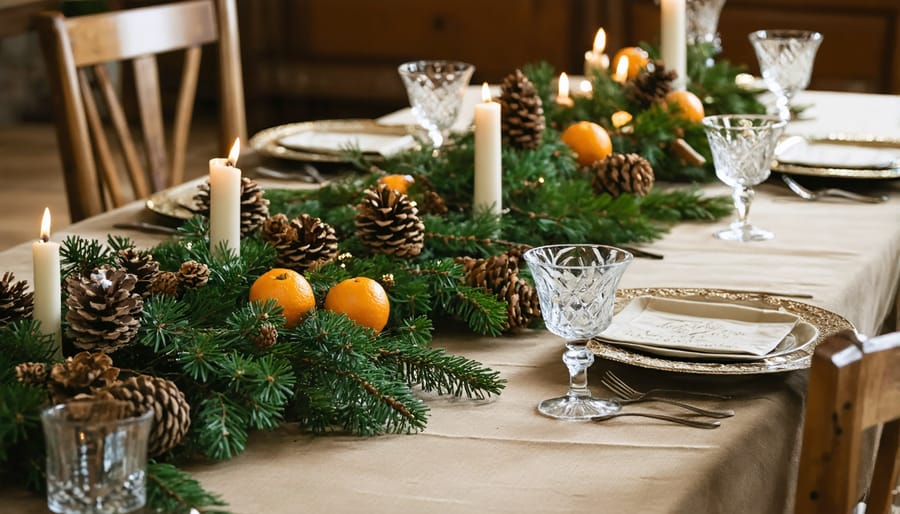 Eco-friendly holiday table decoration with natural elements including pinecones, dried citrus, and greenery