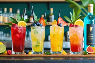 "An elegant display of diverse non-alcoholic drinks featuring sophisticated mocktails, sparkling adaptogenic waters, and sustainable packaging, reflecting the modern trend toward mindful and health-conscious consumption."