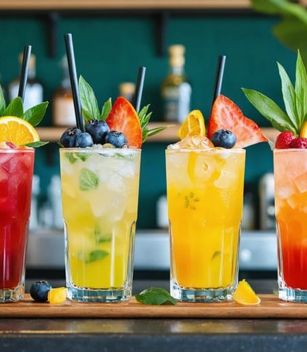 "An elegant display of diverse non-alcoholic drinks featuring sophisticated mocktails, sparkling adaptogenic waters, and sustainable packaging, reflecting the modern trend toward mindful and health-conscious consumption."