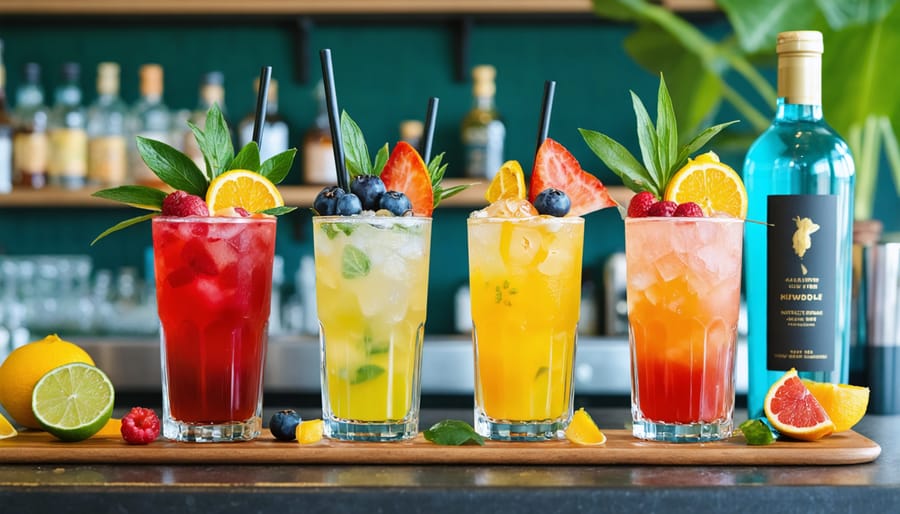 "An elegant display of diverse non-alcoholic drinks featuring sophisticated mocktails, sparkling adaptogenic waters, and sustainable packaging, reflecting the modern trend toward mindful and health-conscious consumption."