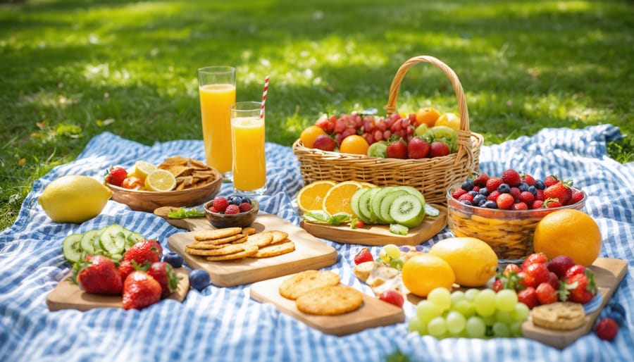 Outdoor picnic spread featuring sandwiches, fruits, and trail mix on a red checkered blanket