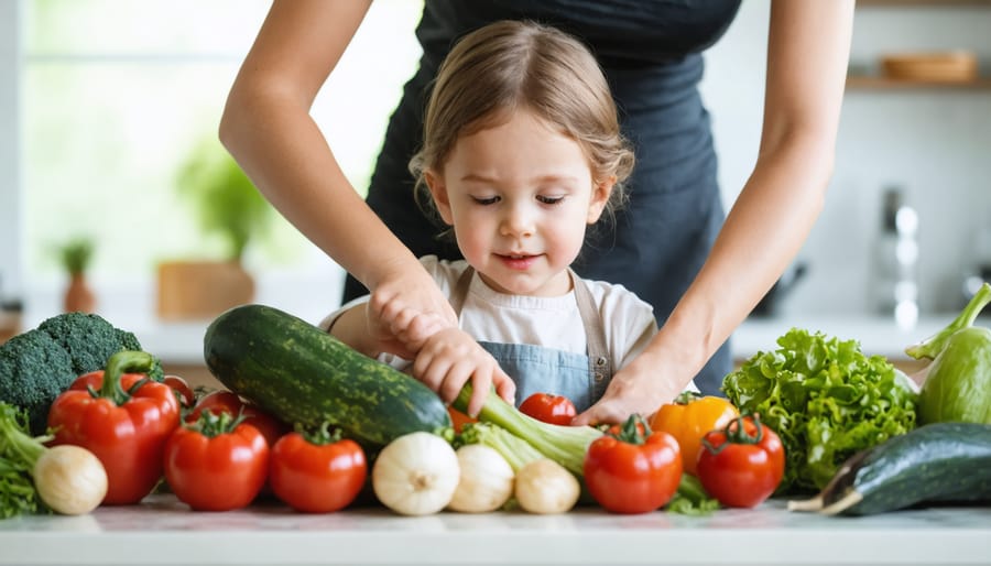 Parent guiding young child in safely cutting vegetables with a child-safe knife