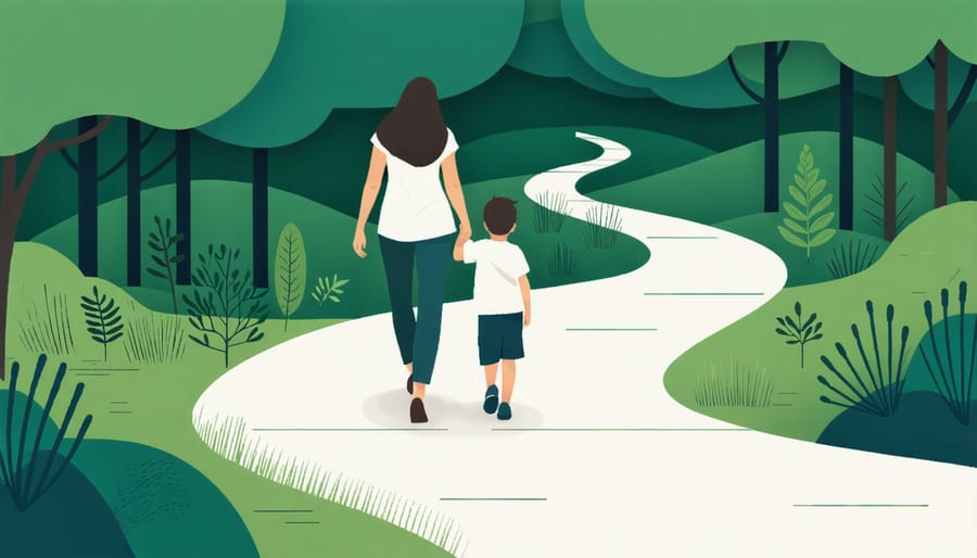 Parent and child walking together on a natural path, symbolizing the journey of growth