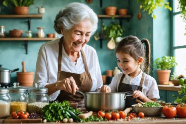 A grandmother and grandchild cooking together in a cozy kitchen, surrounded by a variety of global spices and ingredients, representing the transference of culinary traditions across generations.