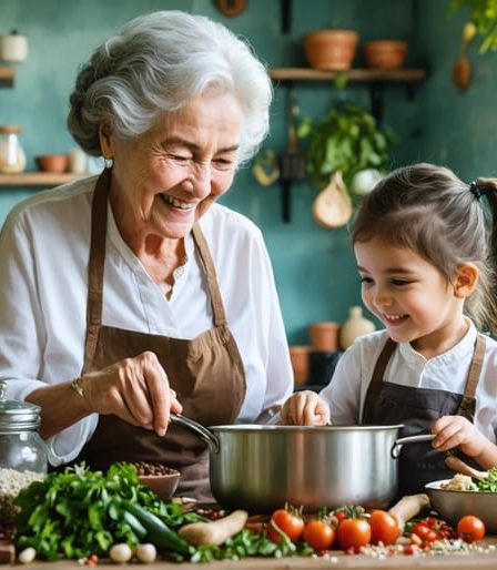 A grandmother and grandchild cooking together in a cozy kitchen, surrounded by a variety of global spices and ingredients, representing the transference of culinary traditions across generations.