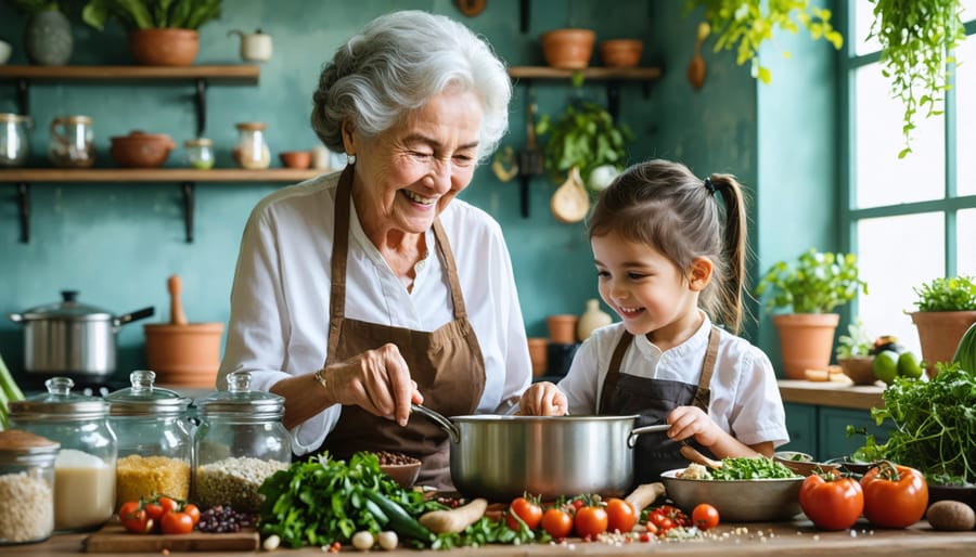 A grandmother and grandchild cooking together in a cozy kitchen, surrounded by a variety of global spices and ingredients, representing the transference of culinary traditions across generations.