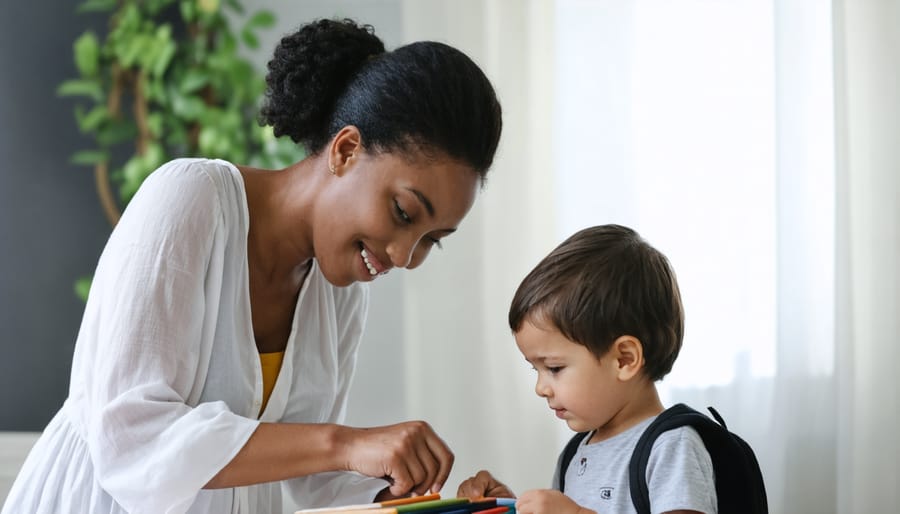 Parent and child sharing a peaceful morning routine while getting ready