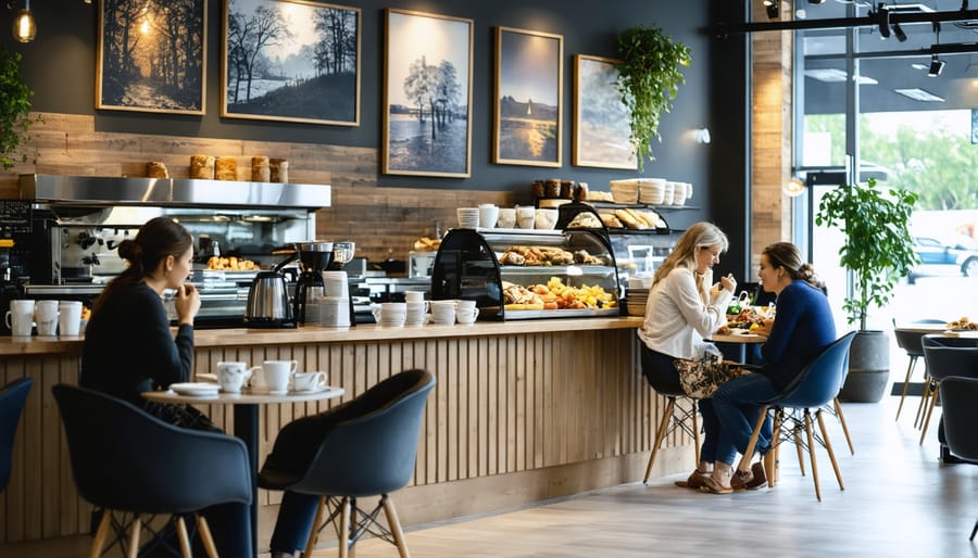 Cozy café setting with exposed brick walls, pendant lighting, and diners enjoying local fare