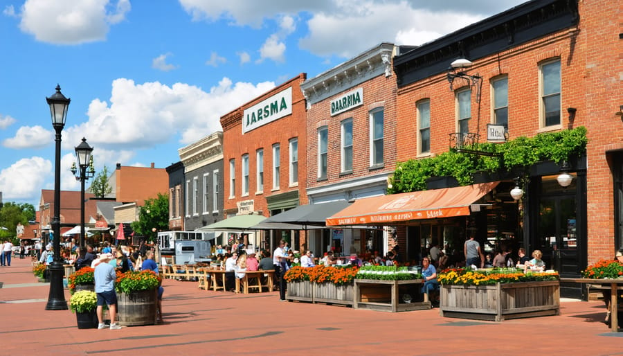 A street view of Pella, Iowa, showcasing Dutch-inspired architecture, bustling cafes, and local food markets, symbolizing the town's diverse culinary scene.