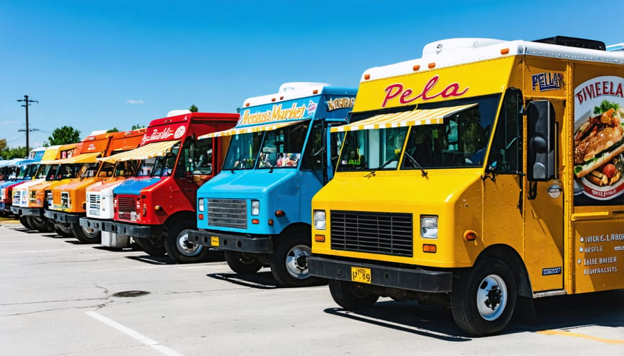 Row of food trucks serving diverse cuisine at Pella's outdoor market