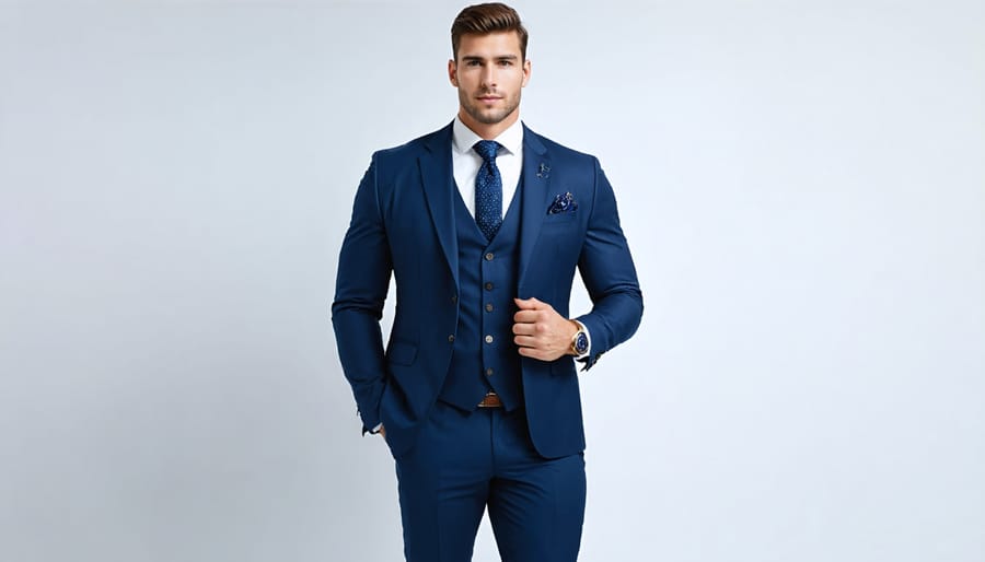 Man in well-fitted navy suit demonstrating proper suit proportions and tailoring