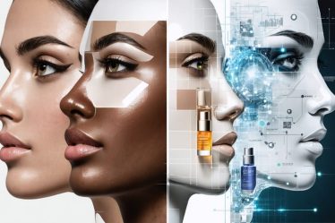 A conceptual illustration depicting a split-face design; one half shows different skin types and concerns, while the other half features skincare products emerging from a digital quiz interface, symbolizing personalized skincare solutions powered by advanced technology.