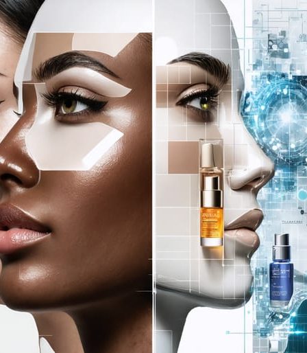 A conceptual illustration depicting a split-face design; one half shows different skin types and concerns, while the other half features skincare products emerging from a digital quiz interface, symbolizing personalized skincare solutions powered by advanced technology.