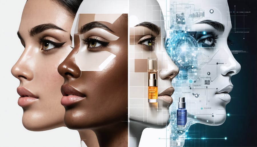 A conceptual illustration depicting a split-face design; one half shows different skin types and concerns, while the other half features skincare products emerging from a digital quiz interface, symbolizing personalized skincare solutions powered by advanced technology.