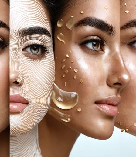 An artistic representation of personalization in skincare, showcasing diverse skin tones with a fingerprint pattern overlaid, surrounded by essential skincare products and natural ingredients.