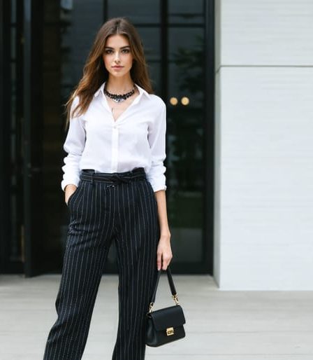 Petite woman standing confidently in a high-waisted, monochromatic outfit with vertical stripes, demonstrating styling tricks for elongating her frame.