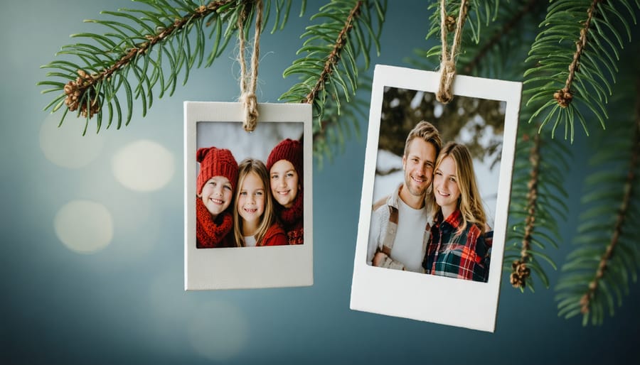 Handmade photo ornaments displaying family memories on a Christmas tree