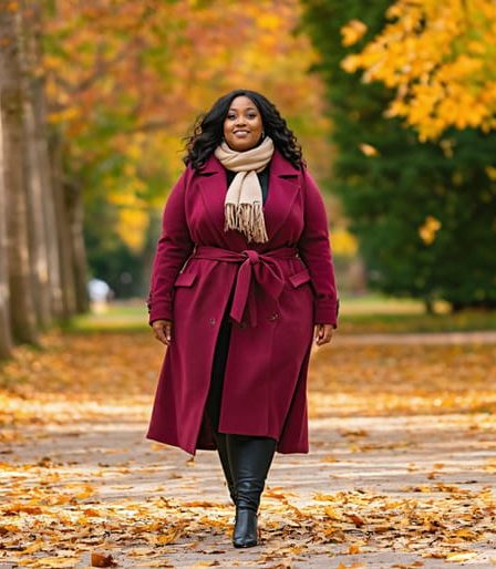 Plus-size model in a jewel-toned wool coat confidently walking in a picturesque fall park, surrounded by colorful autumn leaves, highlighting sophisticated layered fashion.