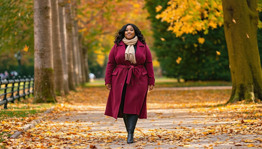 Plus-size model in a jewel-toned wool coat confidently walking in a picturesque fall park, surrounded by colorful autumn leaves, highlighting sophisticated layered fashion.