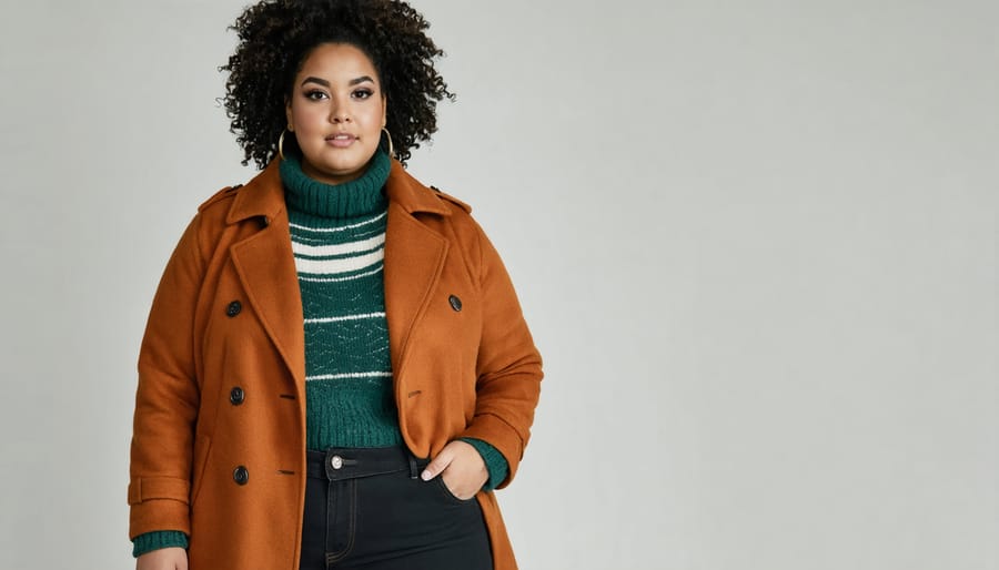 Plus-size woman confidently wearing a camel wool coat over a sweater dress with knee-high boots