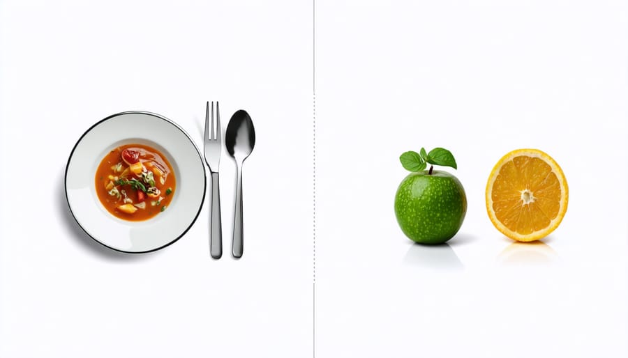 Visual guide showing proper portion sizes compared to everyday objects like a deck of cards for protein and a tennis ball for grains