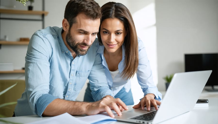 Couple collaborating on work tasks while maintaining connection through gentle physical contact