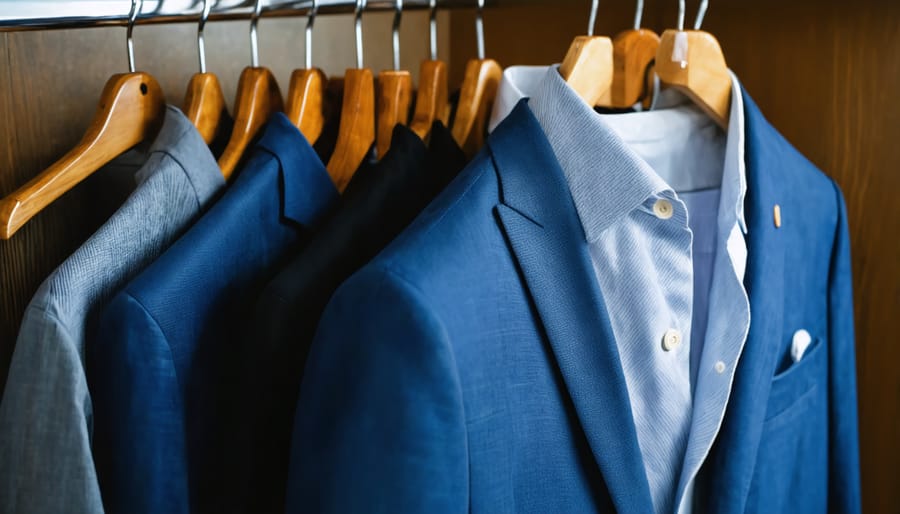 Proper clothing storage techniques demonstrated with suits and protective elements