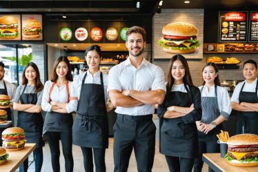 Diverse group of QSR franchise owners confidently standing in front of their thriving restaurants, embodying growth and entrepreneurial success in the quick service restaurant industry.