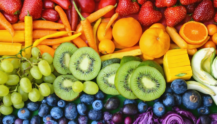 Fresh produce arranged in rainbow order, from red tomatoes through purple eggplants, displaying nutritional diversity