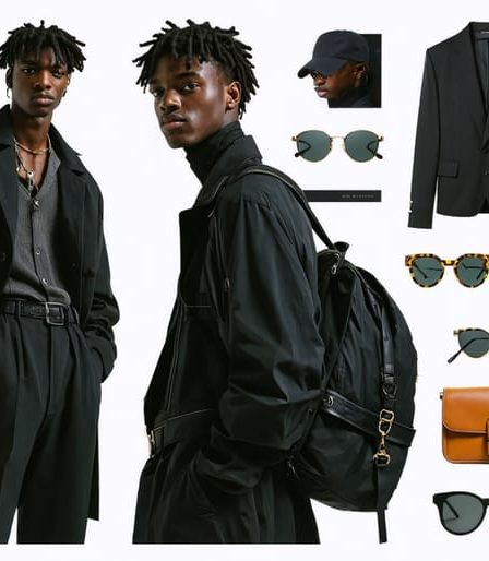 A young man dressed in a blend of oversized silhouettes and traditional menswear, accessorizing with a minimalist approach, symbolizing modern men's fashion trends focused on sustainability and individuality.