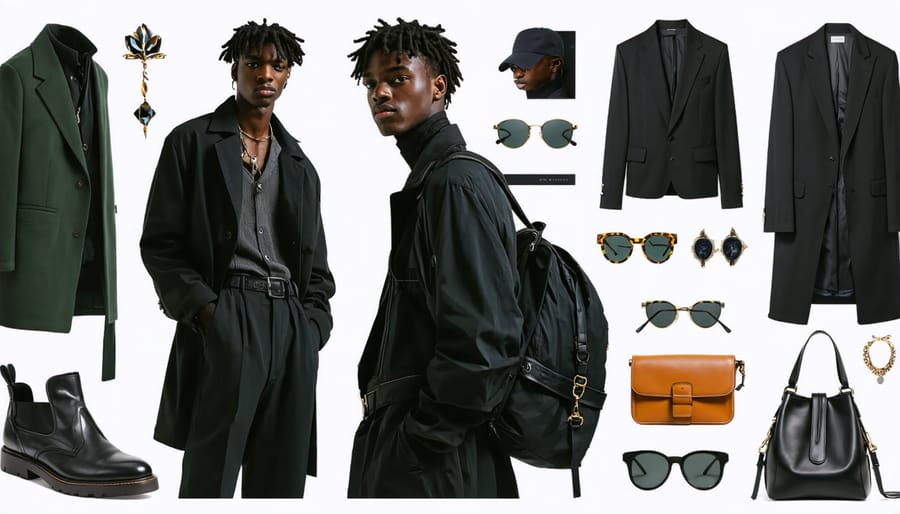 A young man dressed in a blend of oversized silhouettes and traditional menswear, accessorizing with a minimalist approach, symbolizing modern men's fashion trends focused on sustainability and individuality.