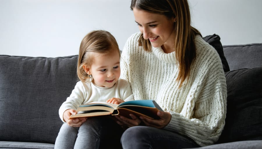 Parent and child bonding over books in a comfortable home setting