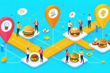 Illustration of a restaurant franchising model with connected locations, showcasing expansion and harmony among franchisees, featuring signature dishes, branded interiors, and enthusiastic customers.