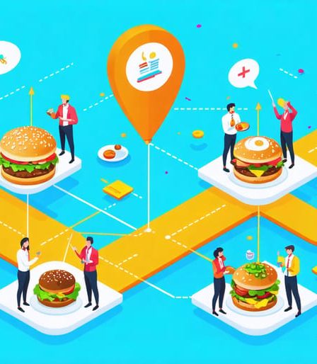 Illustration of a restaurant franchising model with connected locations, showcasing expansion and harmony among franchisees, featuring signature dishes, branded interiors, and enthusiastic customers.