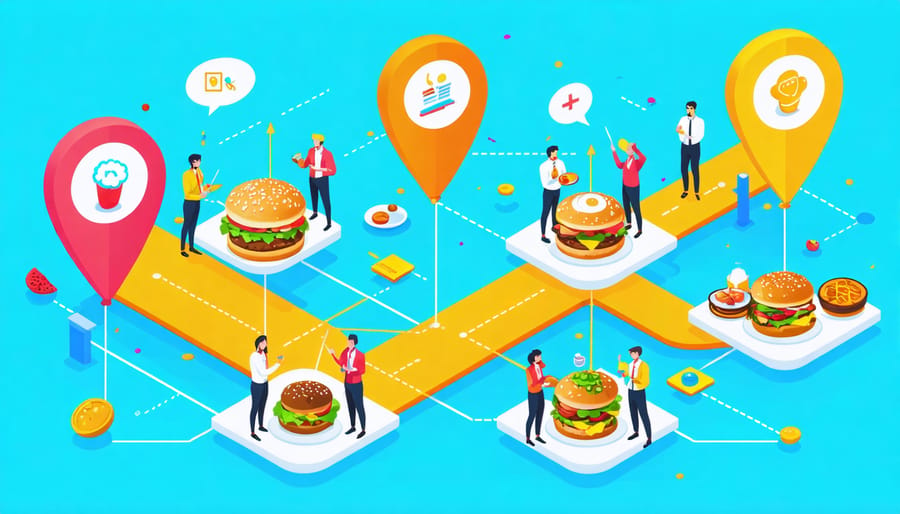 Illustration of a restaurant franchising model with connected locations, showcasing expansion and harmony among franchisees, featuring signature dishes, branded interiors, and enthusiastic customers.