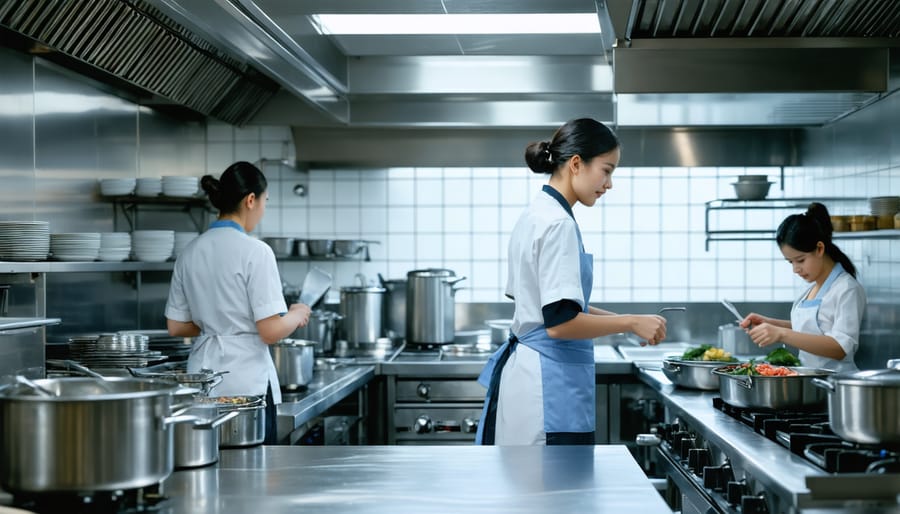 Well-organized commercial kitchen with staff following standardized procedures