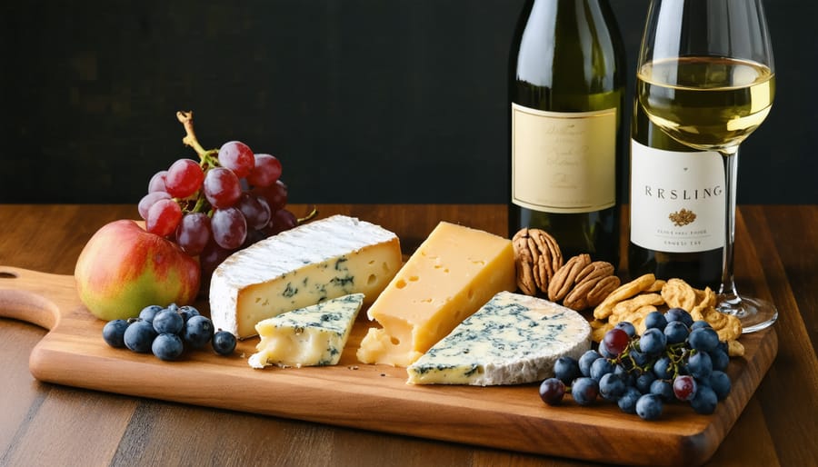 Artisanal cheese board arrangement with dry Riesling wine pairing