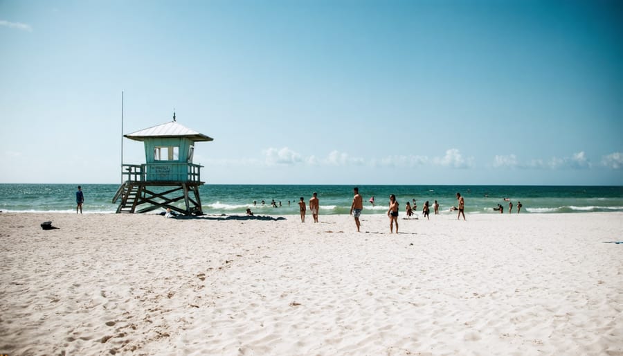 Family-friendly beach with lifeguard station and gentle waves where children play in shallow water