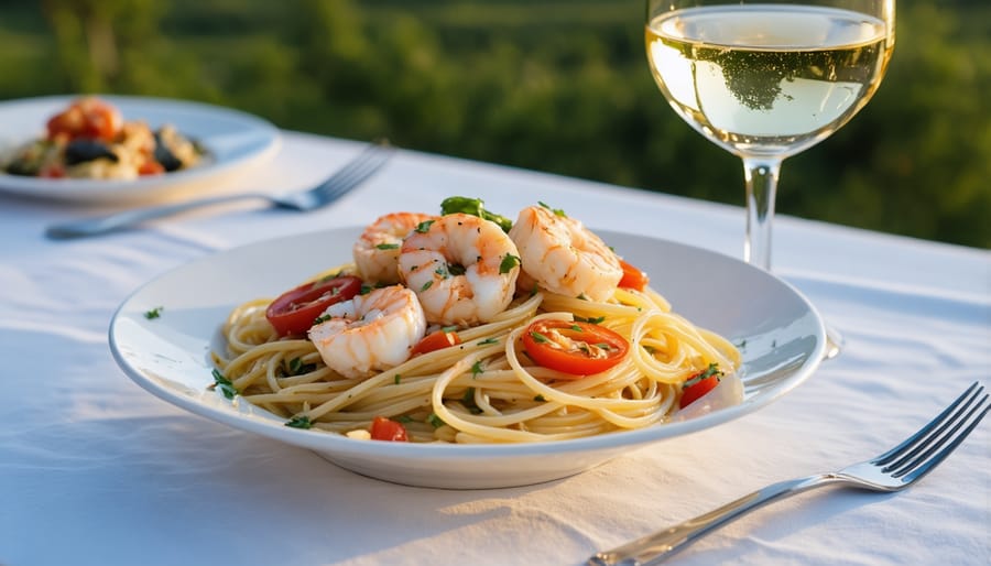 Elegant seafood linguine with a glass of chilled white wine beside it