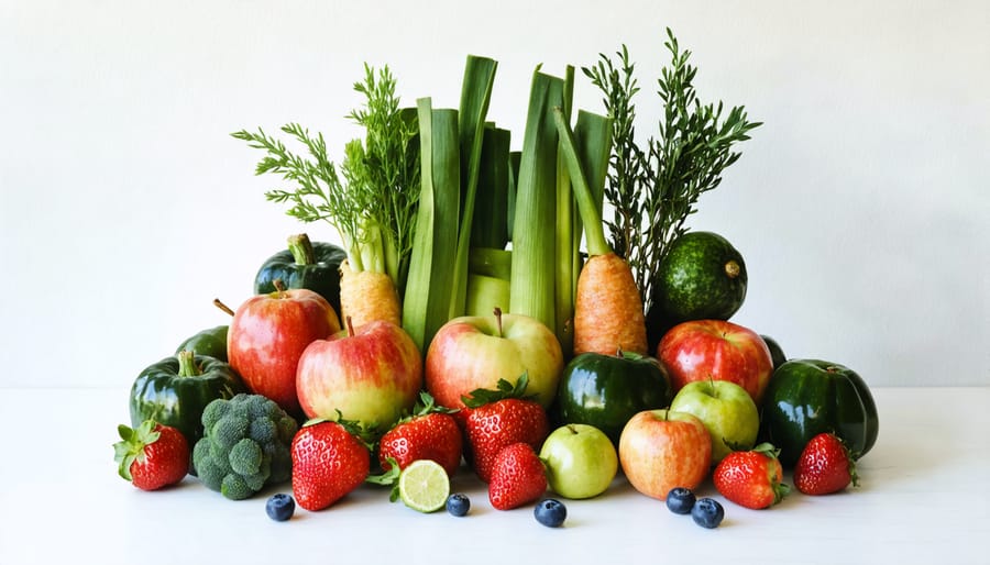 Vibrant display of seasonal fruits and vegetables arranged on a rustic wooden surface