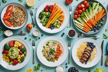 Dining table with plates arranged to display balanced meals highlighting portions of vibrant vegetables, lean proteins, whole grains, and healthy fats, illustrating the concept of simple and sustainable nutrition.