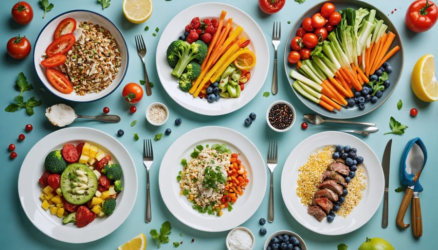 Dining table with plates arranged to display balanced meals highlighting portions of vibrant vegetables, lean proteins, whole grains, and healthy fats, illustrating the concept of simple and sustainable nutrition.